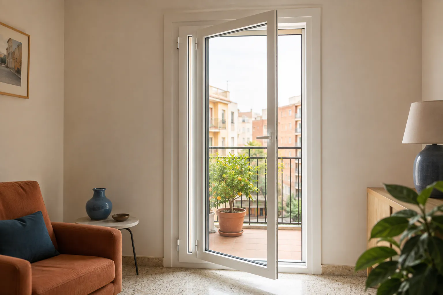 Puerta balconera de PVC hacia una terraza en Valencia